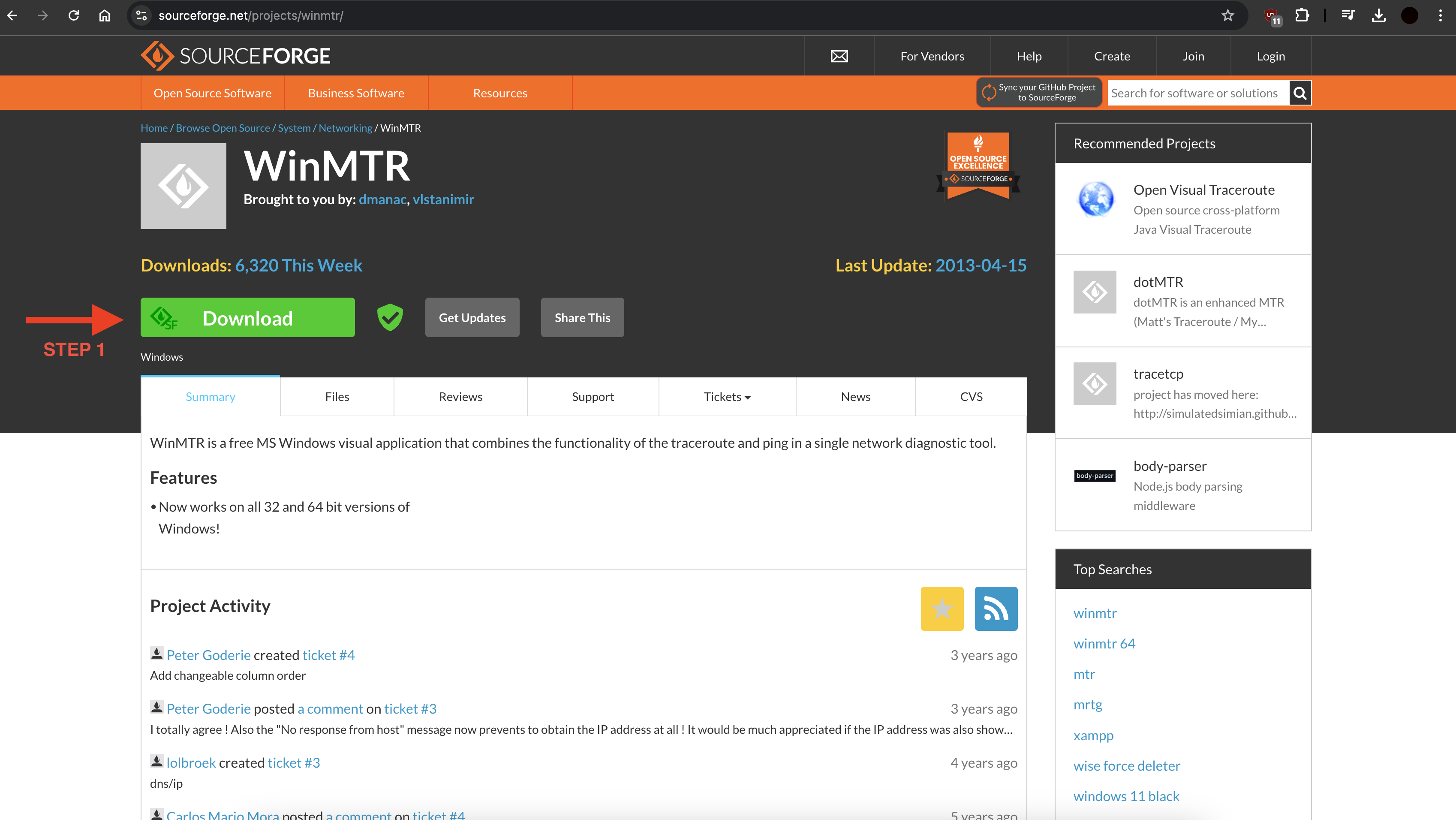 screenshot of WinMTR on sourceforge site